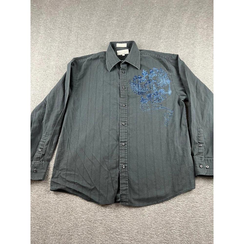 Eighty Eight Mens Button Up Shirt Blue Embroidered Design Size Large